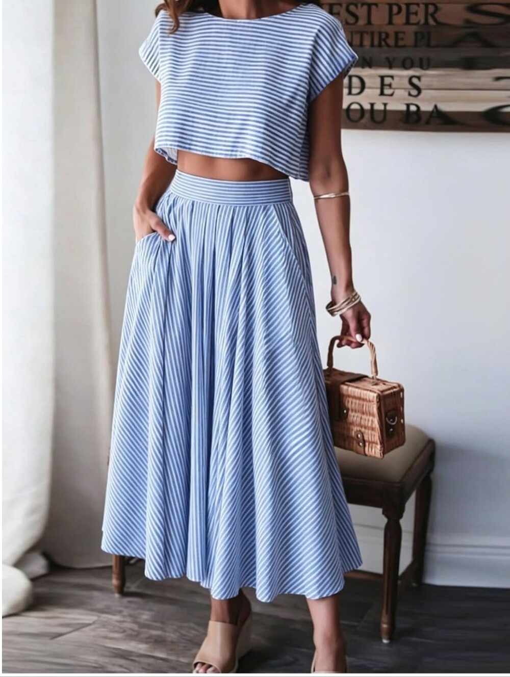 2-Piece Striped Crop Top & Maxi Skirt Set – Blue/White Size Small NIP